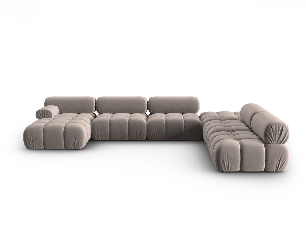 Modulares Ecksofa rechts Cortina in Pink-Bluvel Samtstoff mit Massivholzrahmen und schwarzen Kunststoffbeinen, 7-Sitzer Panorama-Design.