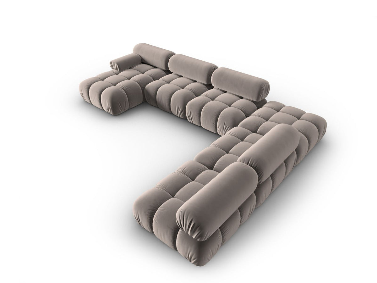 Modulares Ecksofa rechts Cortina in Pink-Bluvel Samtstoff mit Massivholzrahmen und schwarzen Kunststoffbeinen, 7-Sitzer Panorama-Design.