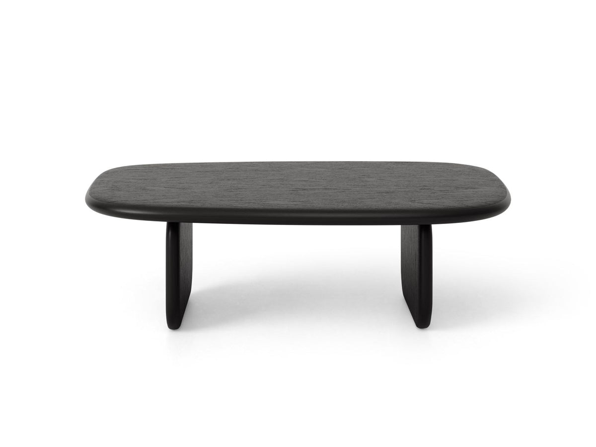 Rechteckiger Couchtisch Sora mit Eichenfurnier in Black Oak-Wood, Holzbeine, gebürstete und lackierte Oberfläche, moderne Form.