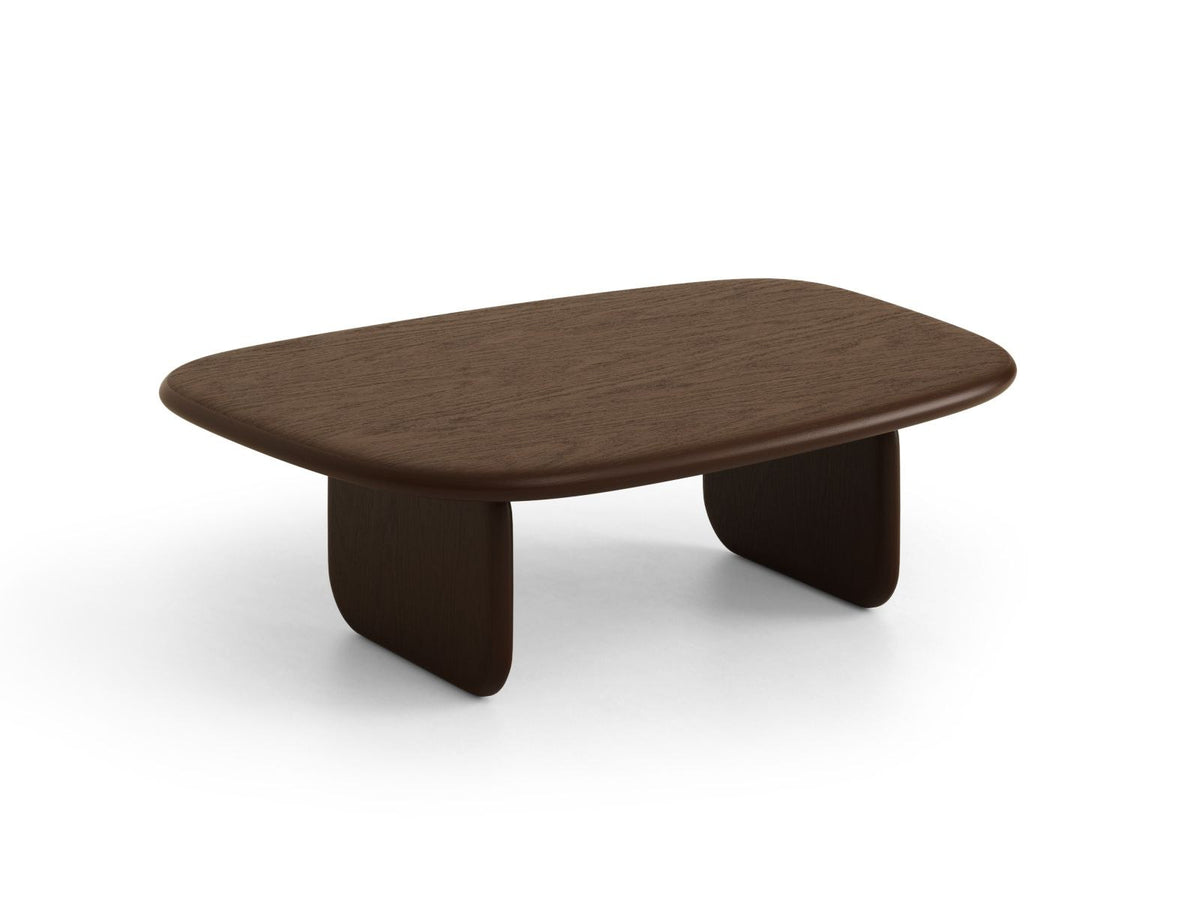 Rechteckiger Couchtisch Sora mit Eichenfurnier in Black Oak-Wood, Holzbeine, gebürstete und lackierte Oberfläche, moderne Form.