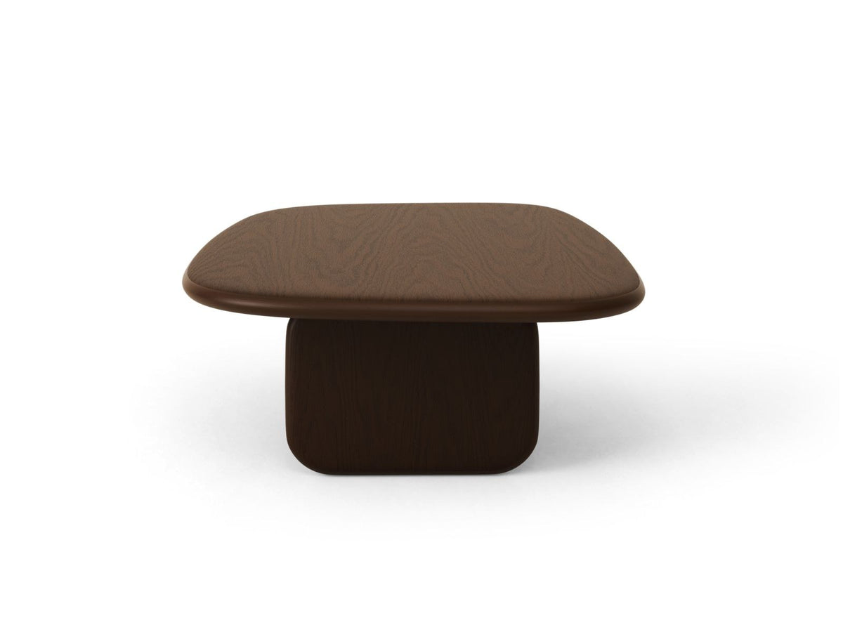 Rechteckiger Couchtisch Sora mit Eichenfurnier in Black Oak-Wood, Holzbeine, gebürstete und lackierte Oberfläche, moderne Form.