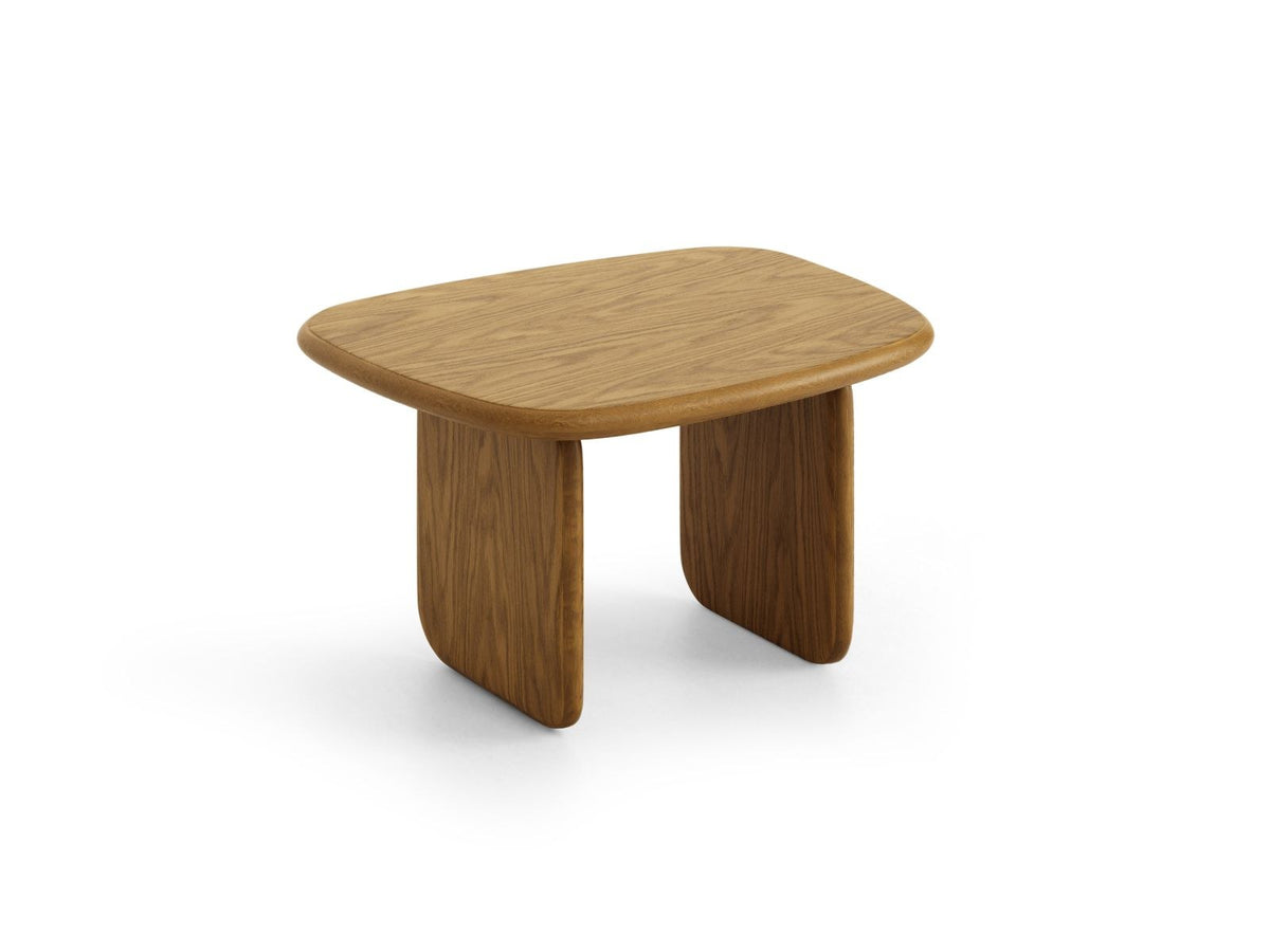 Couchtisch Sora aus Hartholz mit Eichenfurnier in Black Oak-Wood, rechteckige Form mit Holzbeinen, Höhe 42 cm, Breite 75 cm, Tiefe 60 cm.