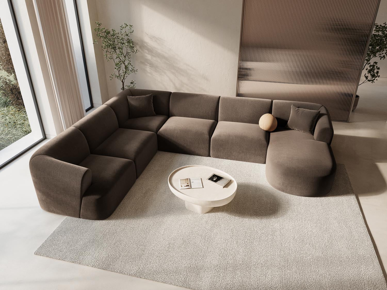 Entdecken Sie das stilvolle Campi Velour Modular Panoramic Ecksofa links 7 Sitzer von Cosmopolitan Design – perfekt für Ihr modernes Wohnzimmer, flexibel und bequem.