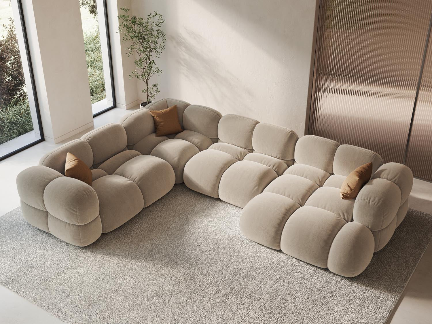 Loretto Velour Panoramic Ecksofa links 5 Sitzer 250cm in Light Beige-Vogue präsentiert im Onlineshop von KAQTU Design AG. Ecksofa links ist von Cosmopolitan Design