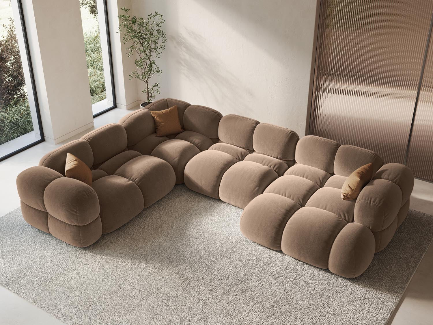 Entdecken Sie das elegante Loretto Velour Panoramic Ecksofa links 5 Sitzer 250cm von Cosmopolitan Design – stilvoll, komfortabel und pflegeleicht.