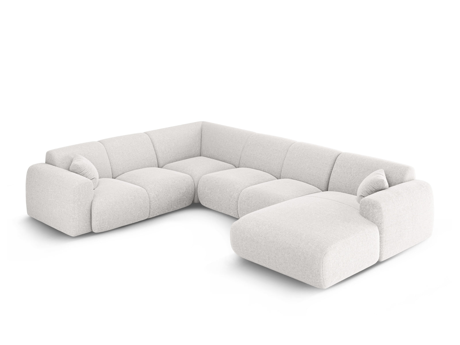 Elegantes Nolio Panoramic Ecksofa links in sanftem Grau, perfekt für großzügige Wohnzimmer, bietet komfortabel Platz für bis zu 6 Personen.