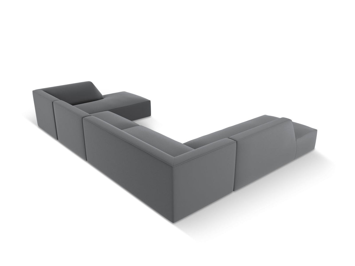 Panorama-Ecksofa links Siena in Light Beige-Pacifico Kunstleder mit Récamiere, Massivholzrahmen und schwarzen Kunststoffbeinen, 7-Sitzer Ausführung.