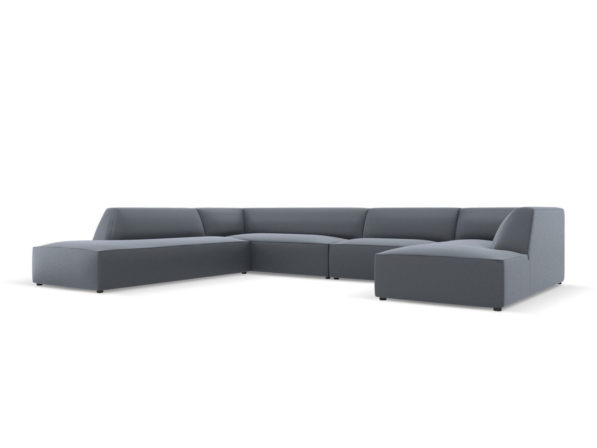 Panorama-Ecksofa links Siena in Light Beige-Pacifico Kunstleder mit Récamiere, Massivholzrahmen und schwarzen Kunststoffbeinen, 7-Sitzer Ausführung.