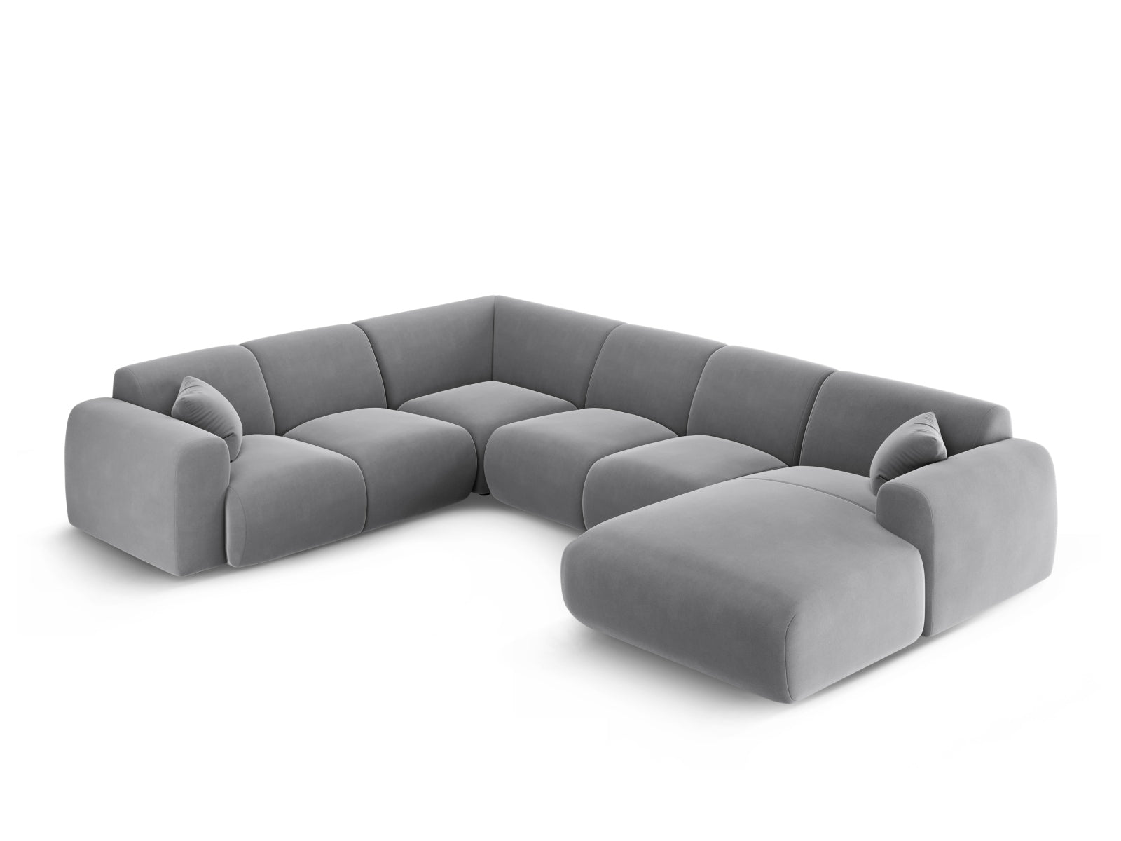 Modernes Nolio Velour Panoramic Ecksofa links in sanftem Grau, perfekt für großzügige Wohnlandschaften und stilvolle Einrichtungsideen.