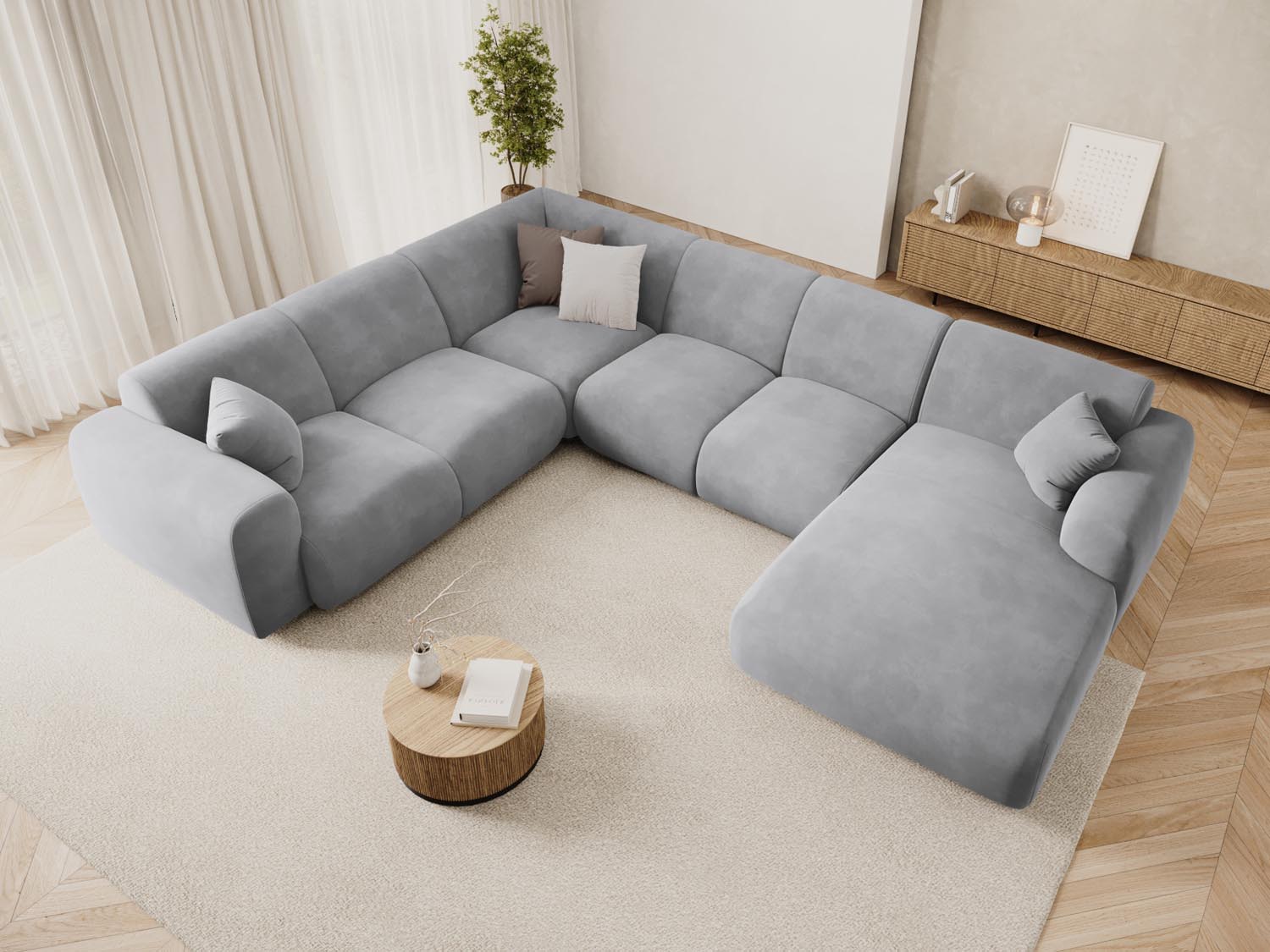 Elegantes Nolio Velour Panoramic Ecksofa links in hellem Grau, ideal für stilvolle Wohnräume, präsentiert in einem modernen Ambiente.