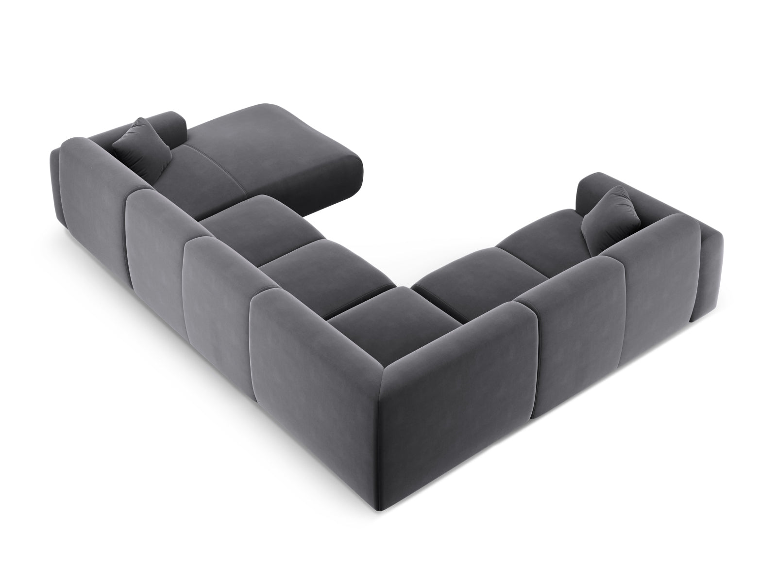 Elegantes Nolio Velour Panoramic Ecksofa links in dunklem Grau, großzügiges 6-Sitzer Design für komfortable und stilvolle Wohnräume.