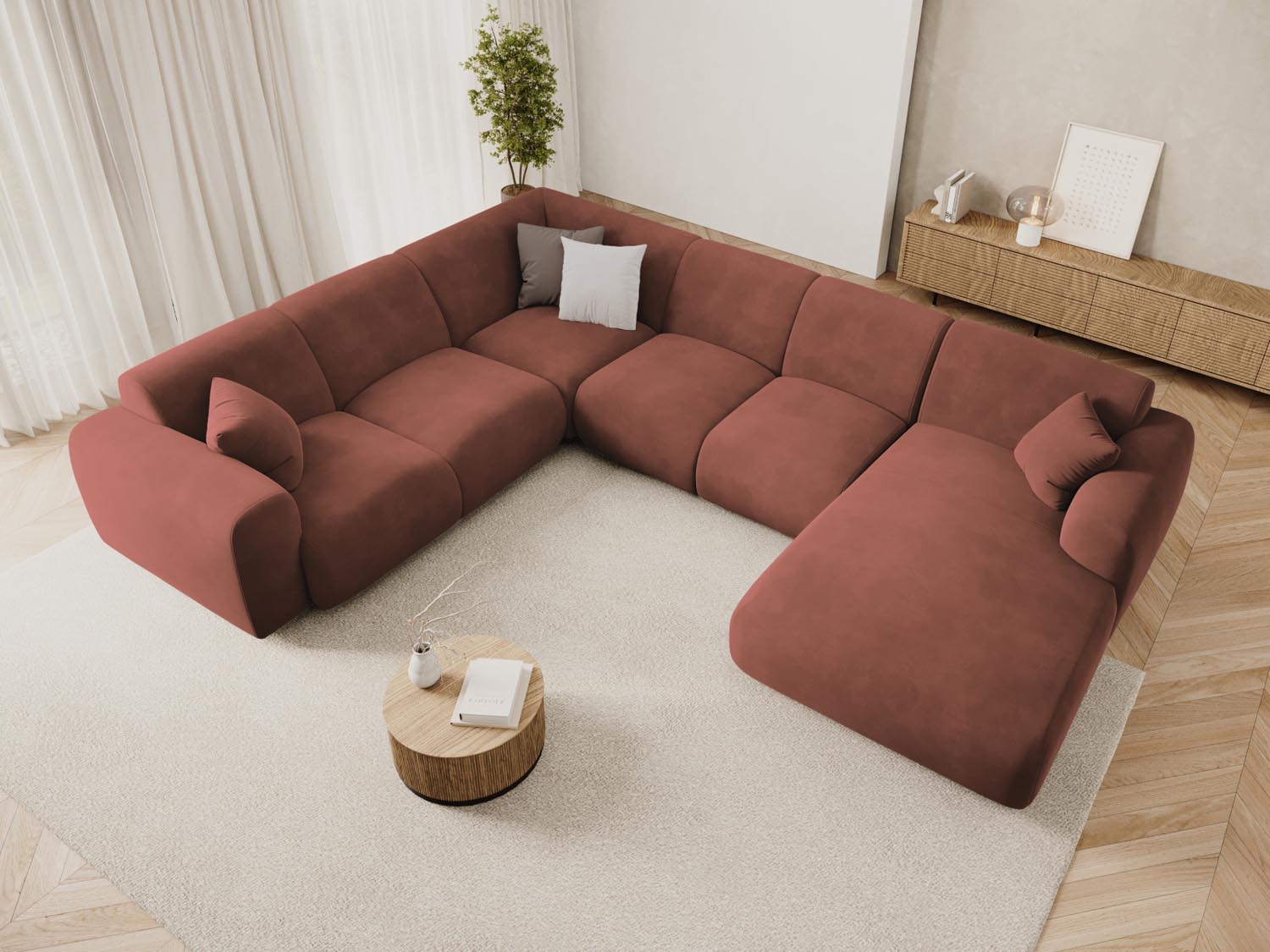 Elegantes Nolio Velour Panoramic Ecksofa links in Cuoio-Casino, ideal für stilvolle Wohnräume, 6 Sitzer, 252 cm, von Cosmopolitan Design.