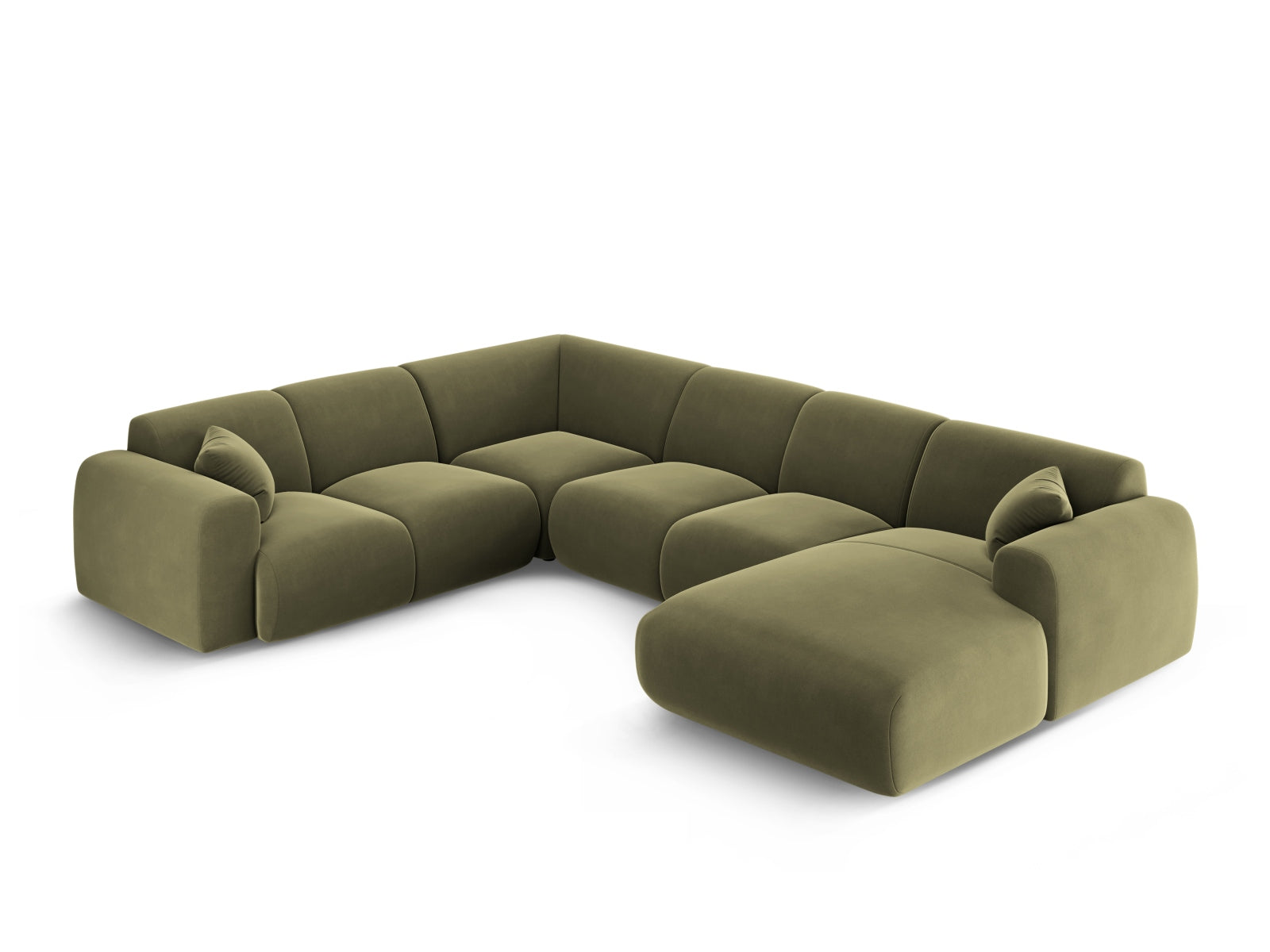 Modernes Nolio Velour Panoramic Ecksofa links in zartem Hellgrün, großzügiges 6-Sitzer-Design, perfekt für gemütliche Wohnzimmer.