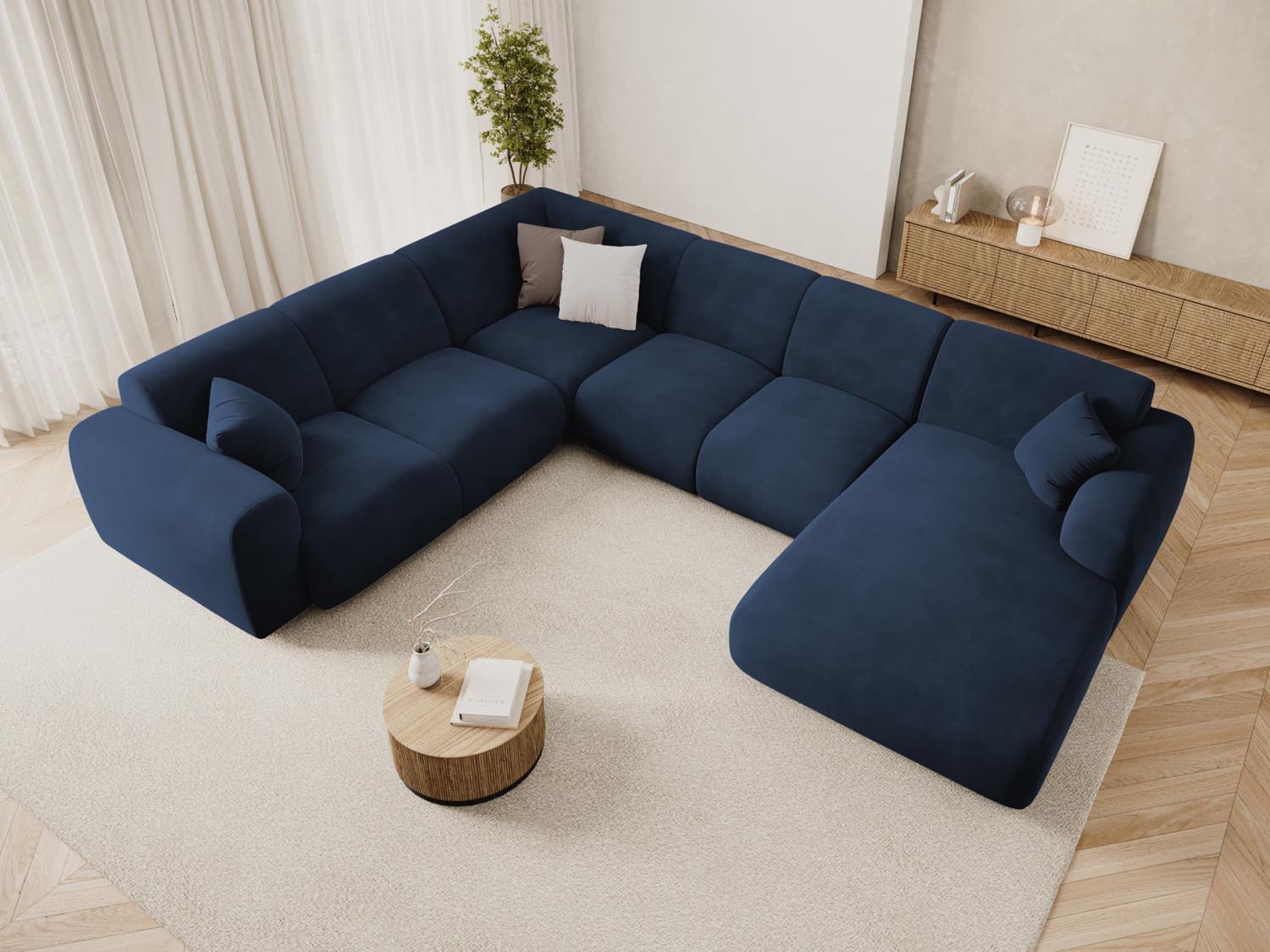 Elegantes Nolio Velour Panoramic Ecksofa links in Royal Blue, 6 Sitzer, 252 cm, ideal für stilvolle Wohnräume.