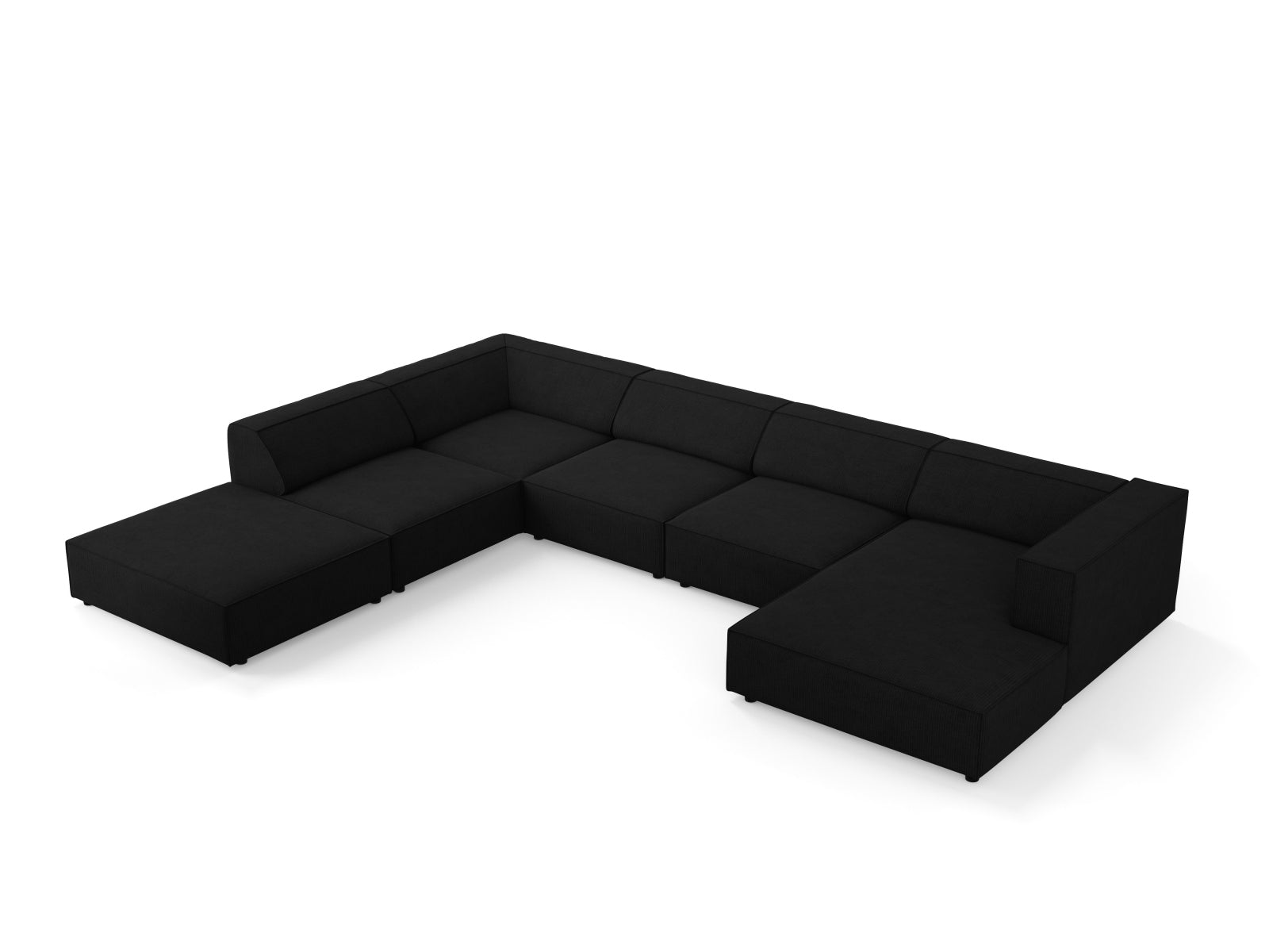 Elegantes Arendal Panoramic Ecksofa links, 7 Sitzer in stilvollem Schwarz, ideal für moderne Wohnräume.