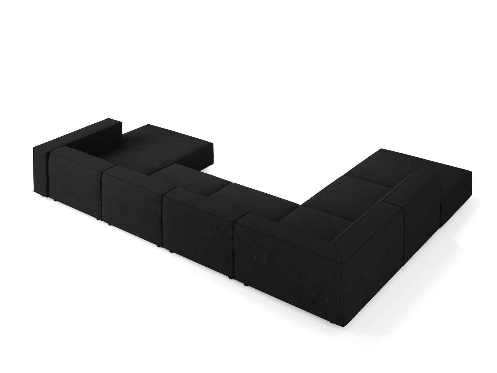 Luxuriöses 7-sitziges Arendal Panoramic Ecksofa links in zeitlosem Schwarz, perfekt für stilvolle und komfortable Wohnlandschaften.
