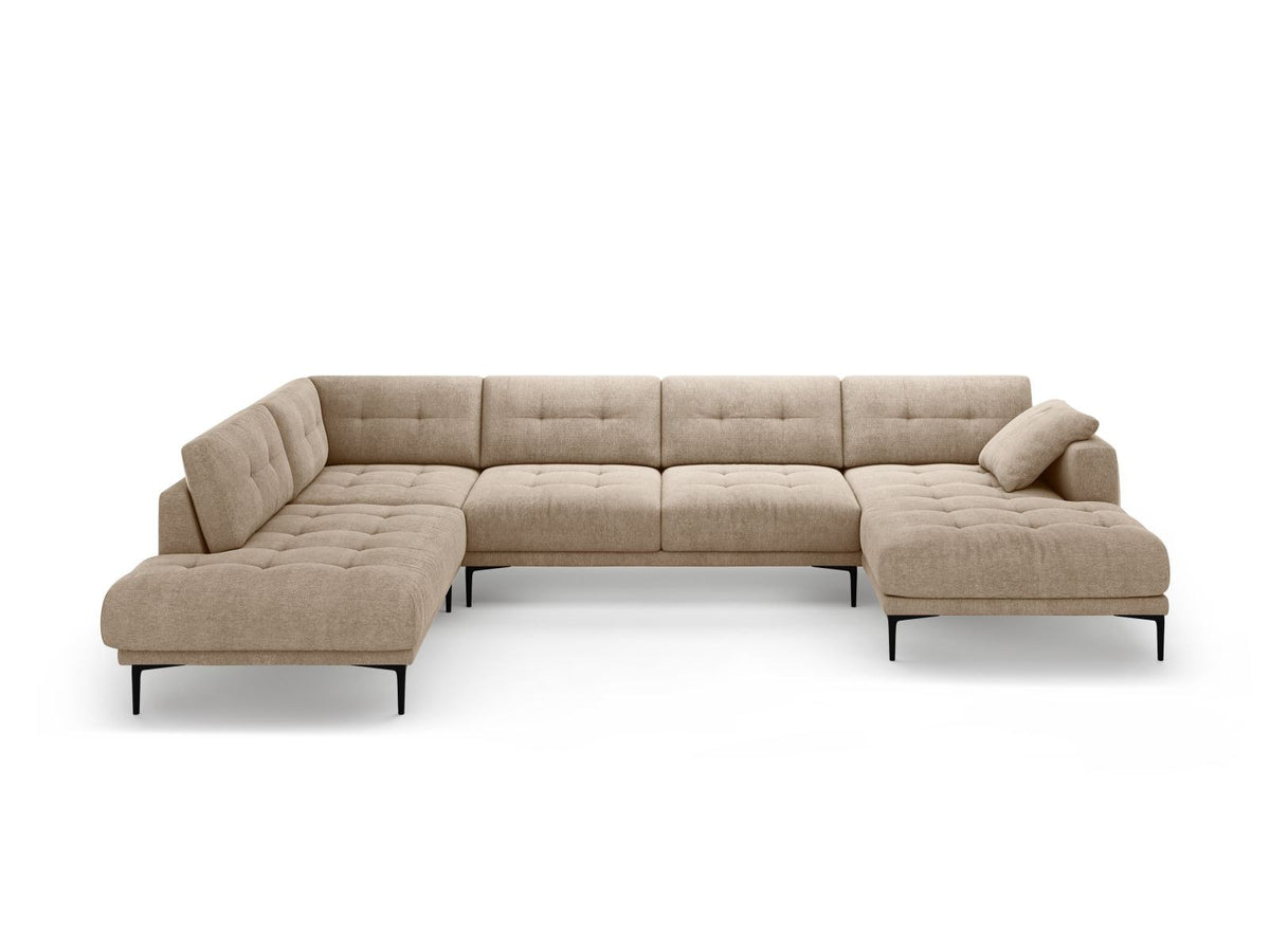 Lazio Panorama-Ecksofa Links in Beige-Sorella, Strukturstoff mit Tweed-Optik, Massivholzrahmen und schwarze Metallbeine, 7-Sitzer-Ecksofa.