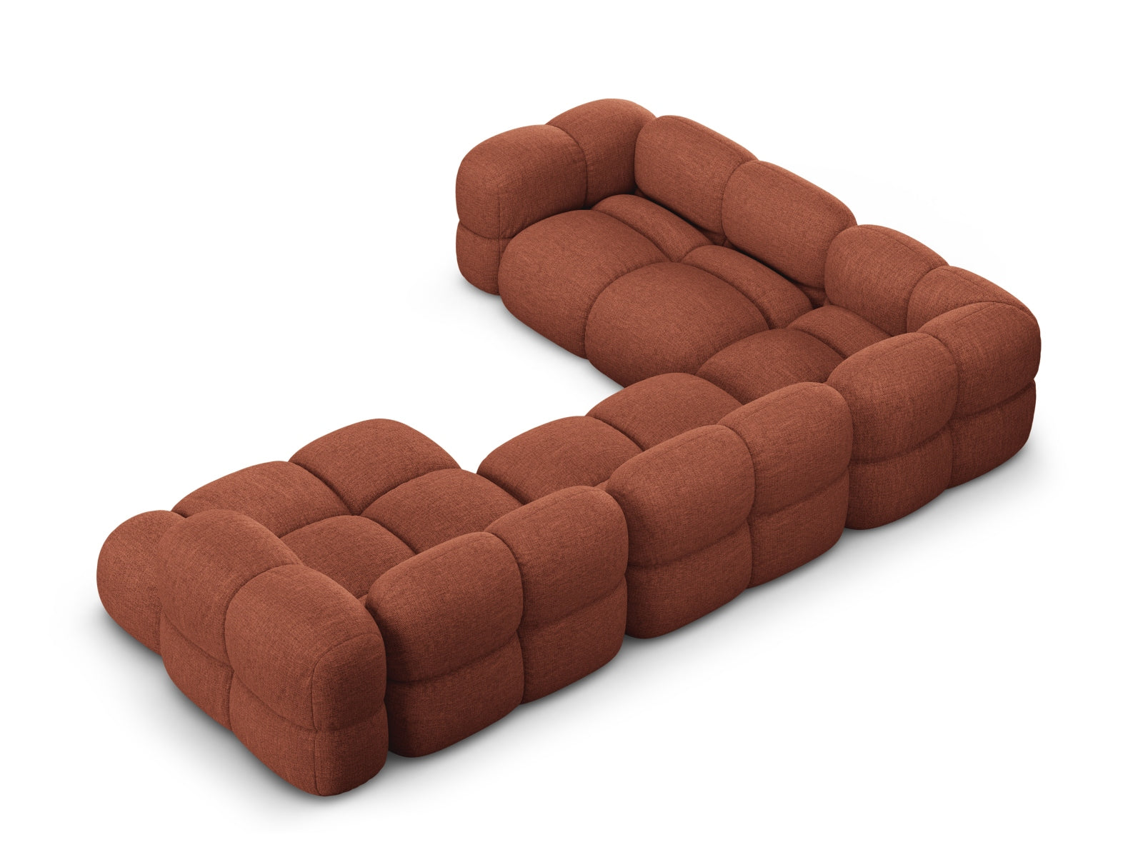 Stilvolles Loretto Panoramic Ecksofa links in Coral-Sorella, ideal für gesellige Runden, bietet Platz für bis zu fünf Personen.