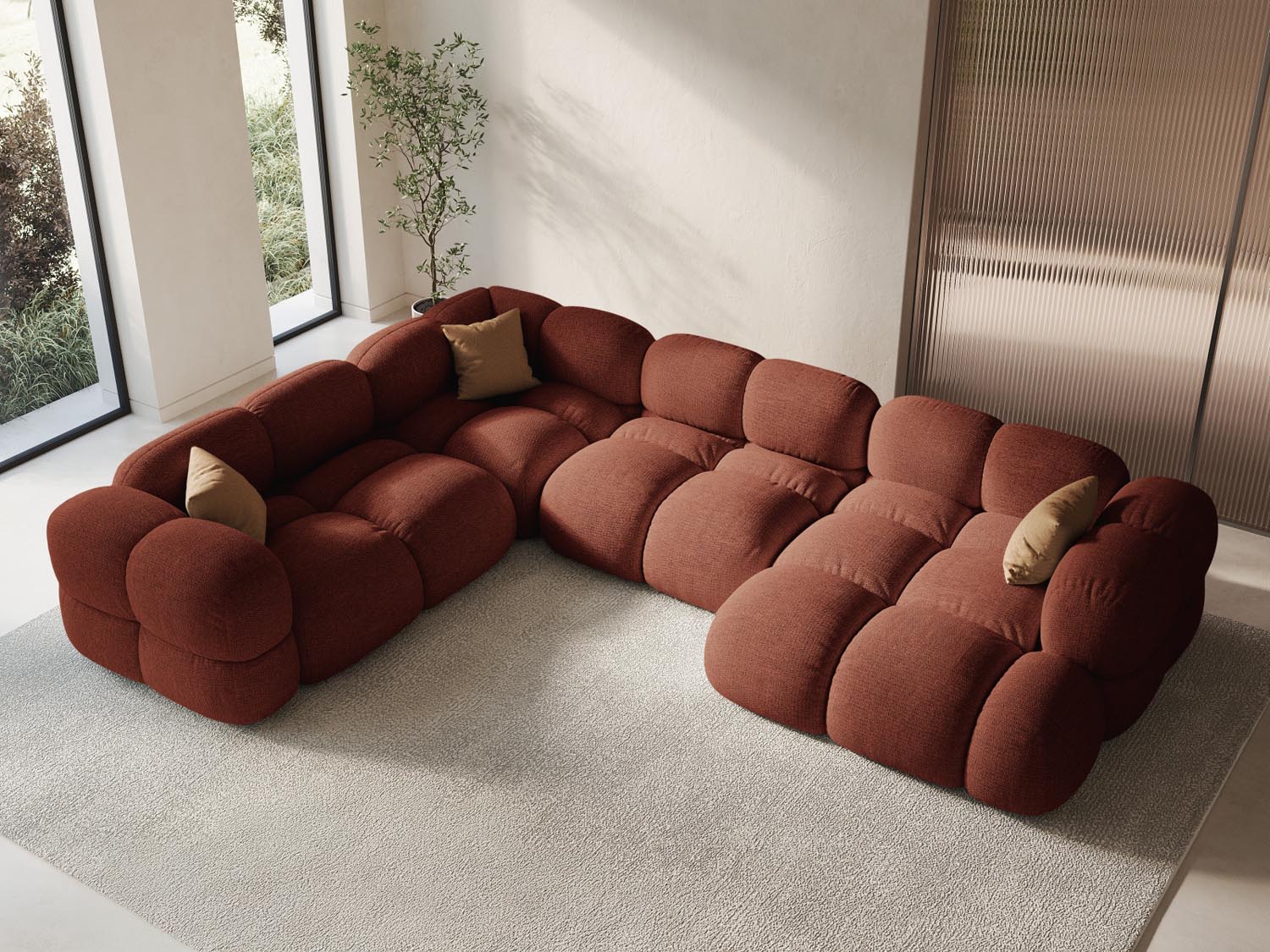 Gemütliches Loretto Panoramic Ecksofa links in Coral-Sorella, ideal für stilvolle Wohnräume, mit Platz für bis zu fünf Personen.