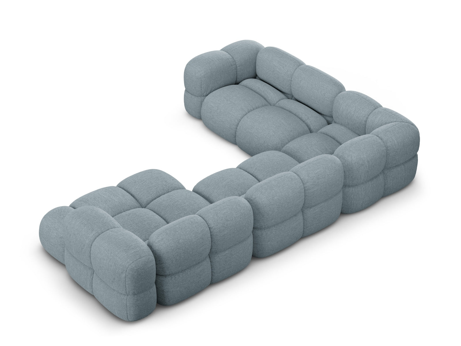Stilvolles Loretto Panoramic Ecksofa links in zartem Pastellblau, ideal für gemütliche Abende und moderne Wohnräume.