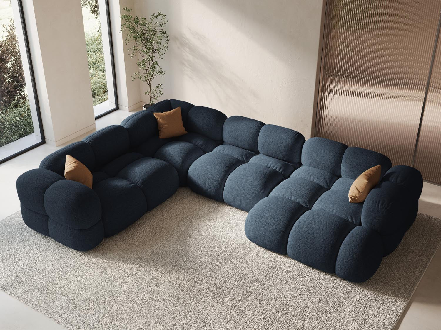 Elegantes Loretto Panoramic Ecksofa links in Dunkelblau, 5-Sitzer, 250 cm, ideal für stilvolle Wohnräume.