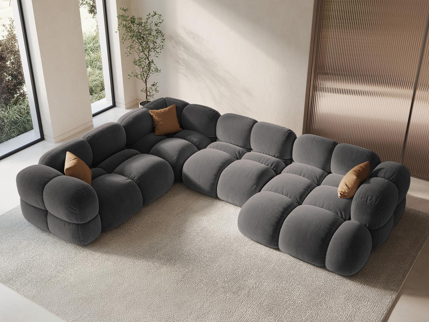 Gemütliches Loretto Panoramic Ecksofa links in Grau, ideal für moderne Wohnräume, mit Platz für bis zu fünf Personen.