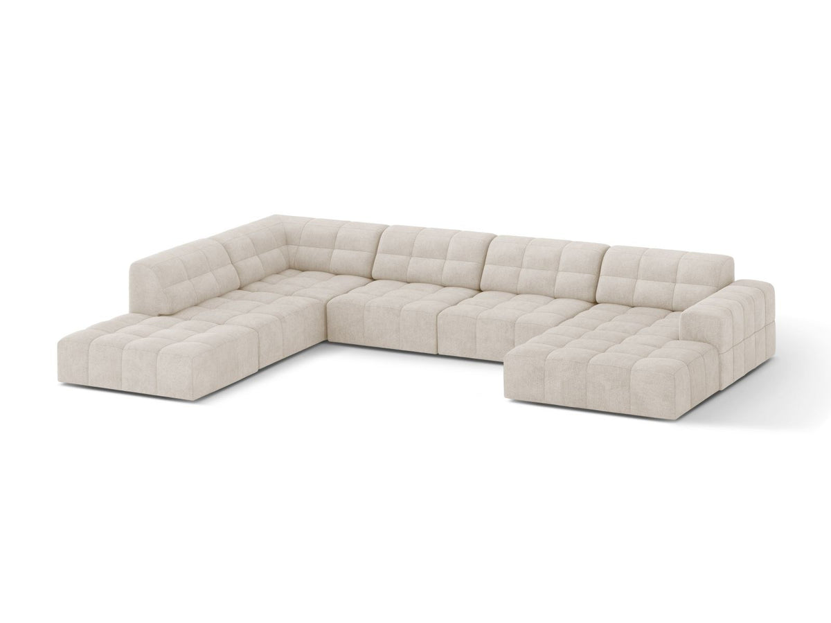 Beige Ecksofa links mit Chenille-Stoff Eden, massivem Holzrahmen, schwarzen Kunststoffbeinen und grosszügiger Sitzfläche für 7 Personen.