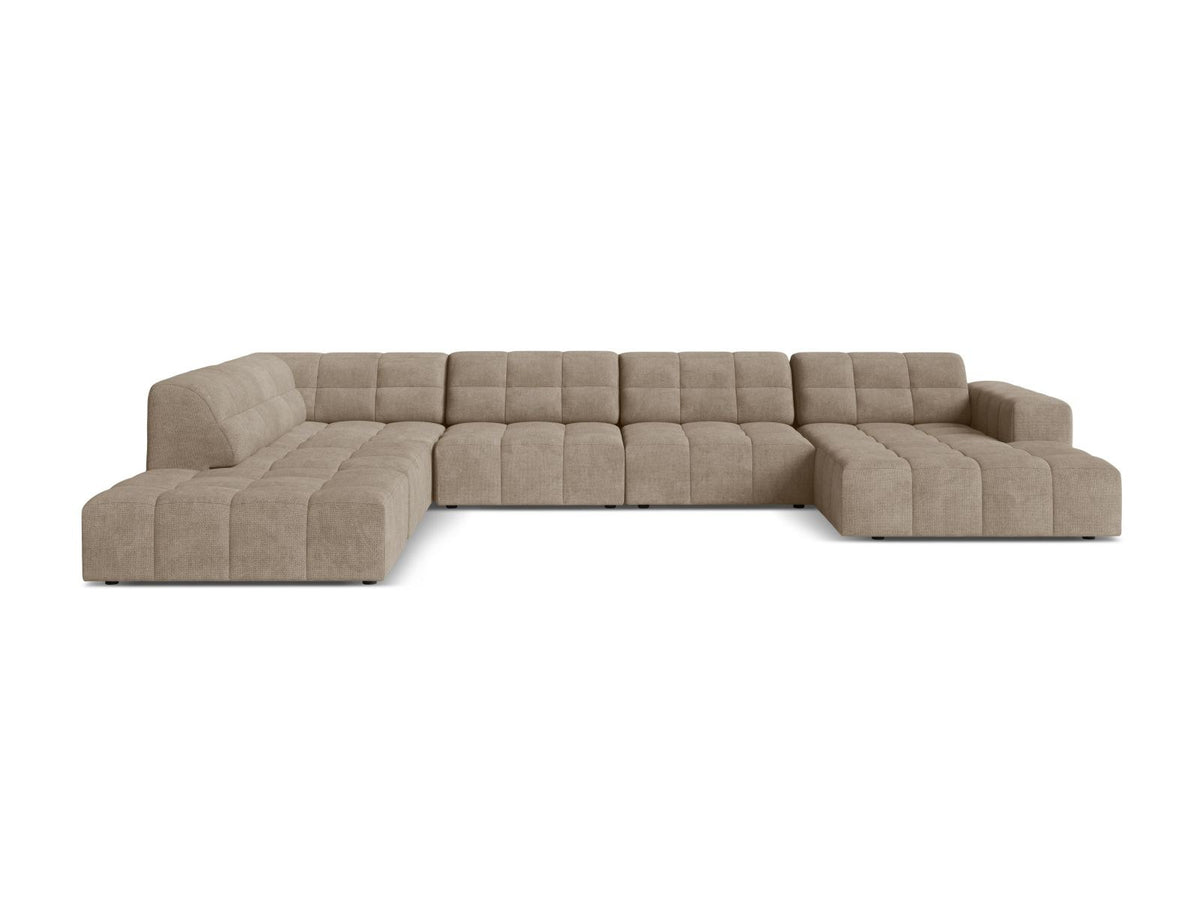 Beige Ecksofa links mit Chenille-Stoff Eden, massivem Holzrahmen, schwarzen Kunststoffbeinen und grosszügiger Sitzfläche für 7 Personen.