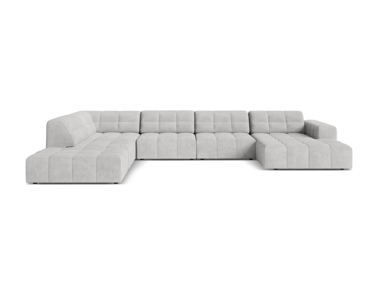 Beige Ecksofa links mit Chenille-Stoff Eden, massivem Holzrahmen, schwarzen Kunststoffbeinen und grosszügiger Sitzfläche für 7 Personen.