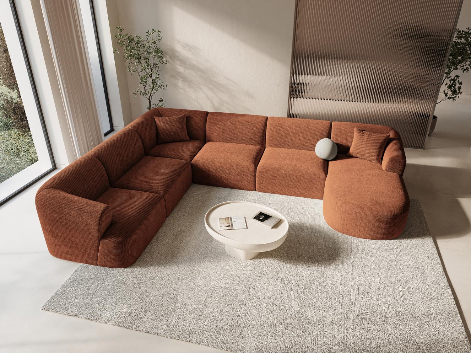 Erleben Sie das Campi Modular Panoramic Ecksofa links von Cosmopolitan Design – ein stilvolles 7-Sitzer Sofa, das modernen Komfort und Eleganz perfekt kombiniert.