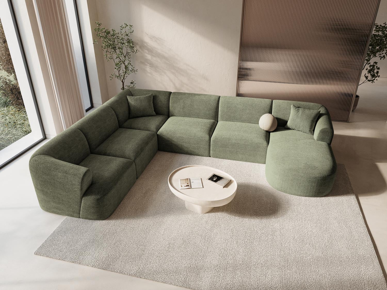 Entdecken Sie das Campi Modular Panoramic Ecksofa links von Cosmopolitan Design – ein elegantes 7-Sitzer Sofa, das Komfort und modernes Design vereint.