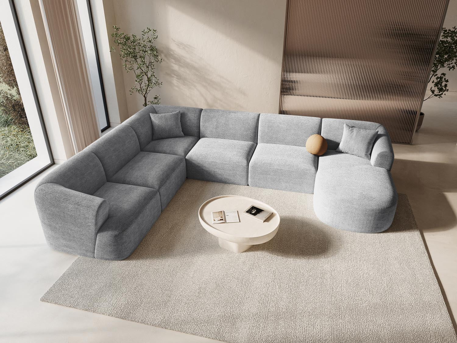 Entdecken Sie das Campi Modular Panoramic Ecksofa links von Cosmopolitan Design – ein elegantes 7-Sitzer Sofa, das Komfort und modernes Design vereint.