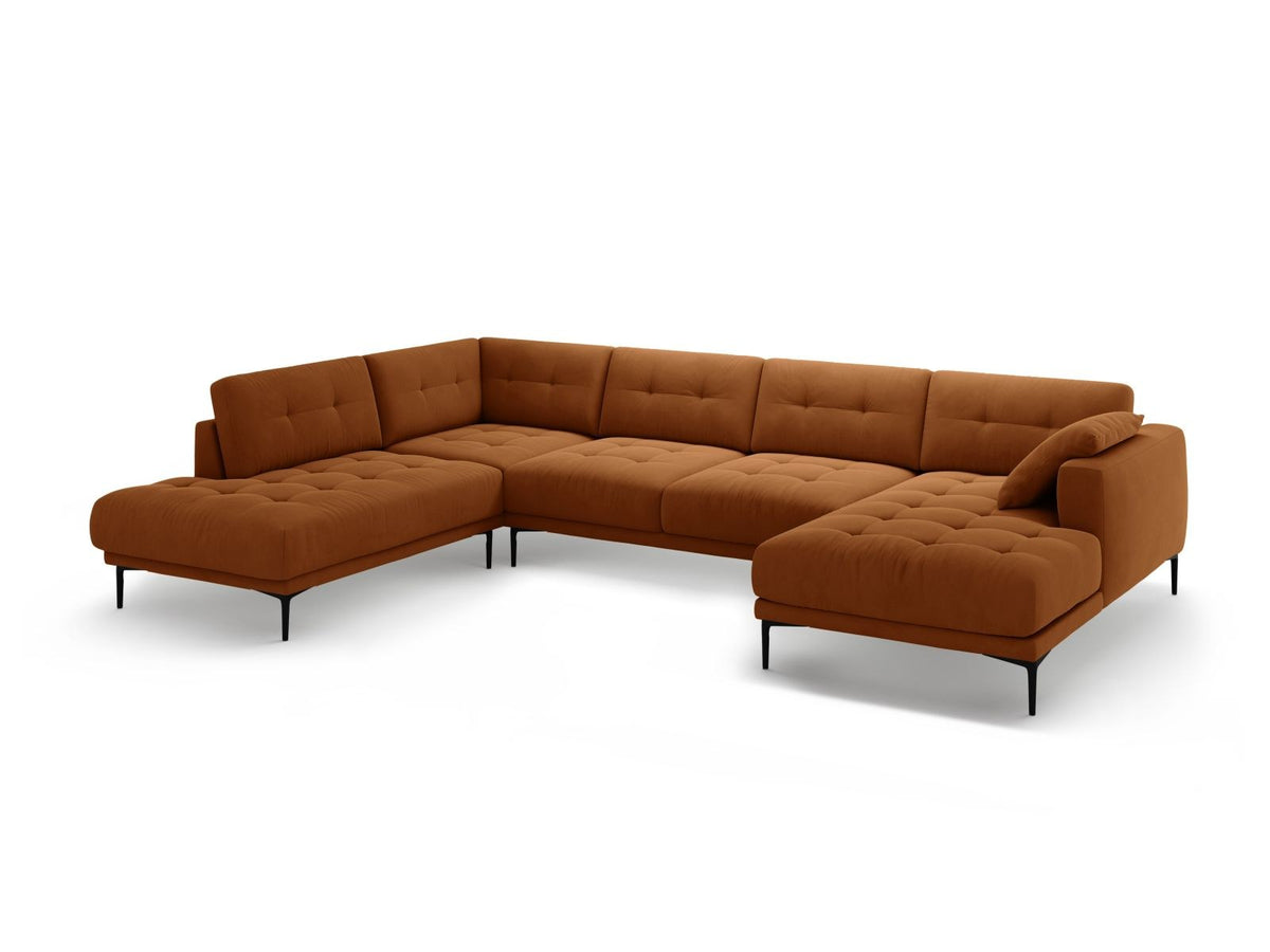 Grünes Samt-Panorama-Ecksofa links mit schwarzen Metallbeinen, grosser Sitzfläche und Récamiere, Modell Lazio von Cosmopolitan Design.
