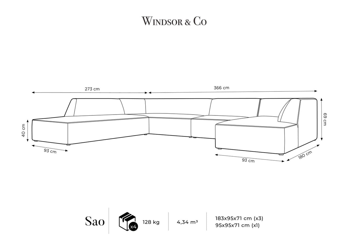 Panorama-Ecksofa links mit Samtbezug in Beige, massivem Holzrahmen und schwarzen Kunststoffbeinen, Modell Siena von Cosmopolitan Design.