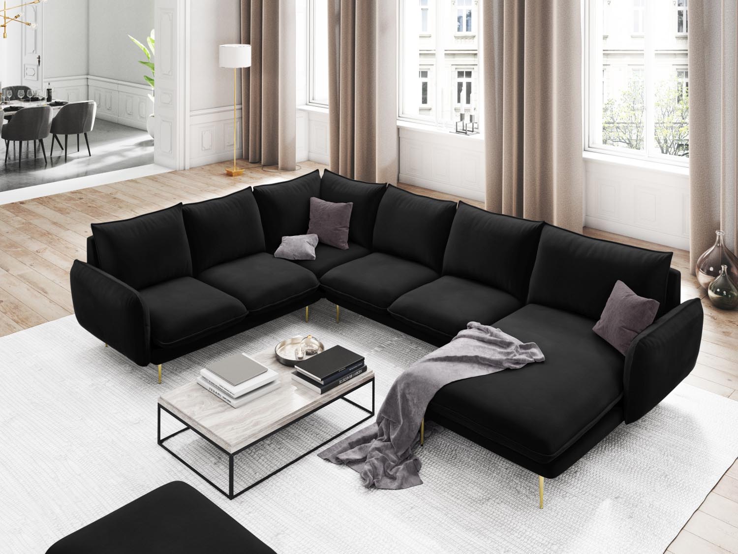Entdecken Sie das elegante Vienna Velour Panoramic Ecksofa links – ein 7-Sitzer mit 235 cm Breite, ideal für stilvolle Wohnräume.