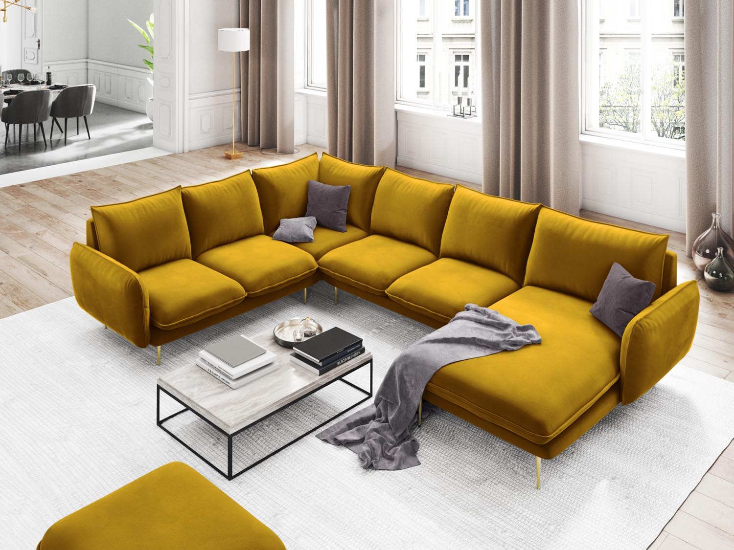 Entdecken Sie das elegante Vienna Velour Panoramic Ecksofa links – ein 7-Sitzer mit 235 cm Breite, ideal für stilvolle Wohnräume.