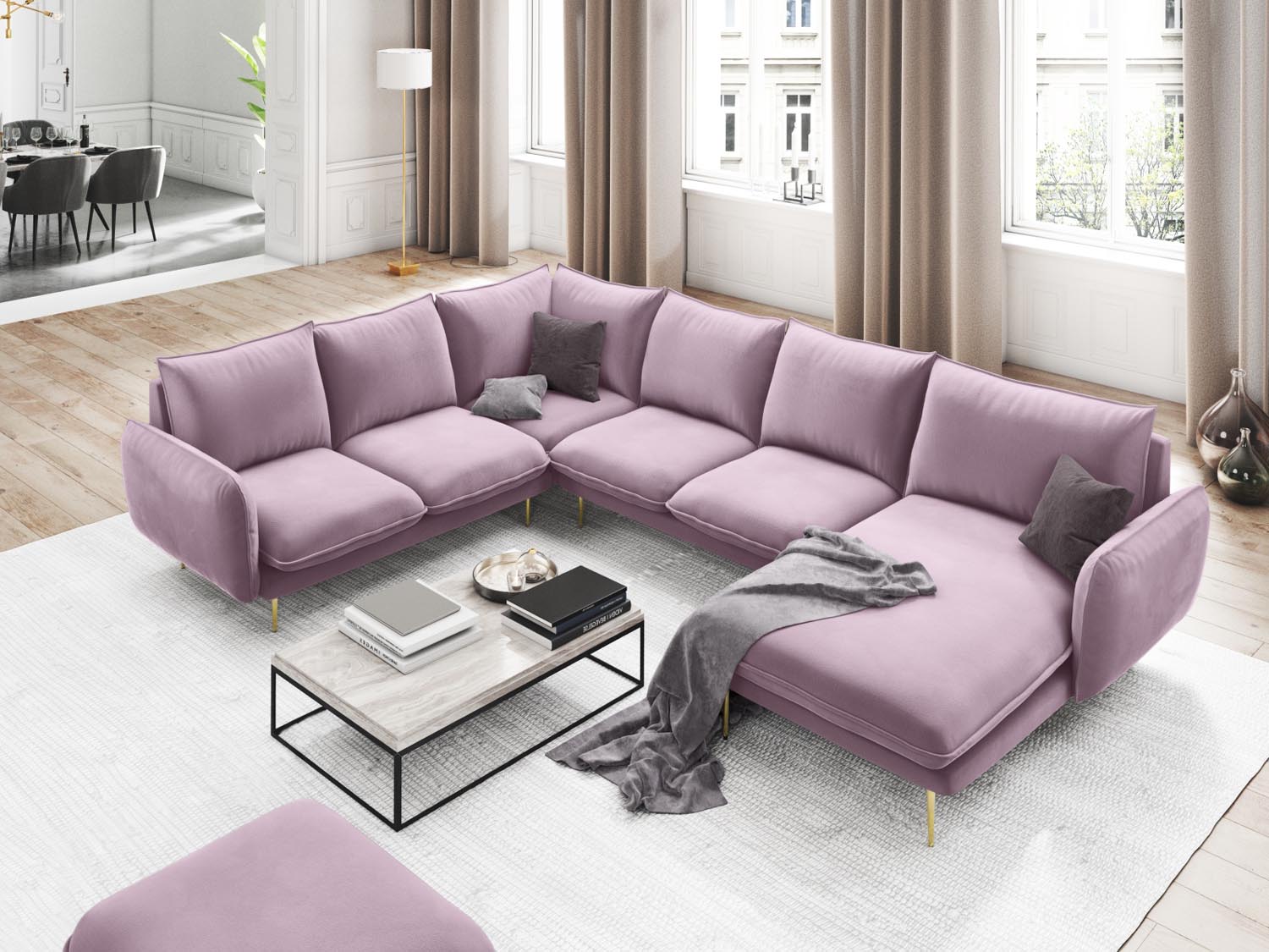 Entdecken Sie das elegante Vienna Velour Panoramic Ecksofa links – ein 7-Sitzer mit 235 cm Breite, ideal für stilvolle Wohnräume.
