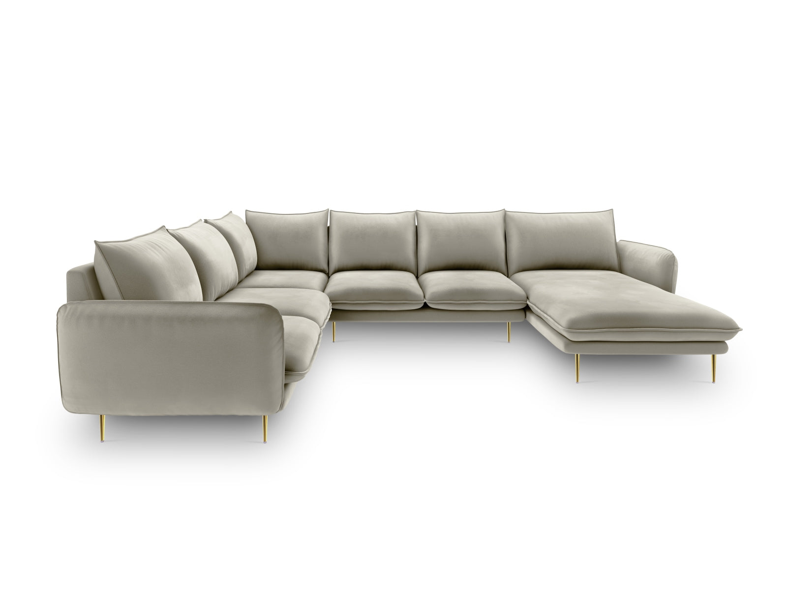 Erleben Sie das Vienna Velour Panoramic Ecksofa links – ein großzügiges 7-Sitzer Sofa mit 235 cm, das Komfort und Stil in Ihr Zuhause bringt.