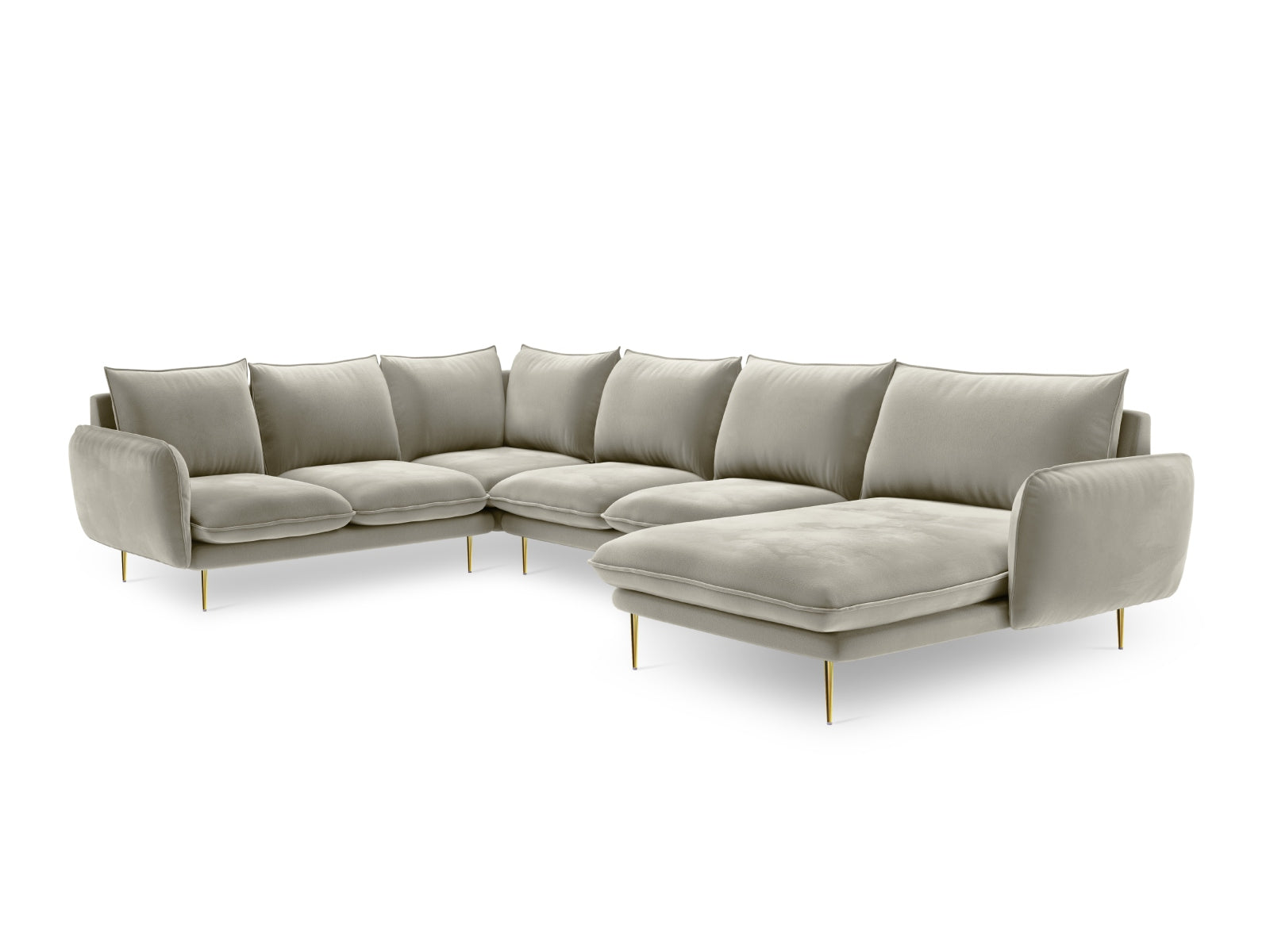 Entdecken Sie das elegante Vienna Velour Panoramic Ecksofa links – ein 7-Sitzer mit 235 cm, das Komfort und modernes Design vereint.
