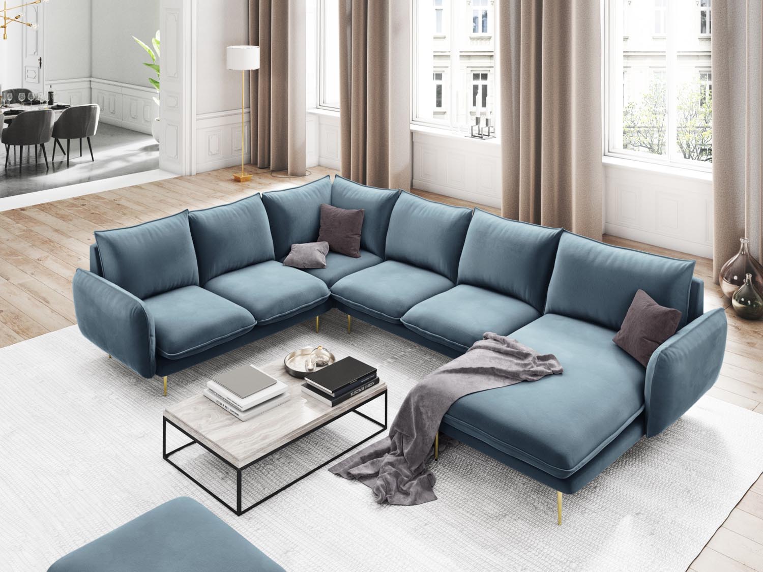 Entdecken Sie das elegante Vienna Velour Panoramic Ecksofa links – ein 7-Sitzer mit 235 cm Breite, ideal für stilvolle Wohnräume.