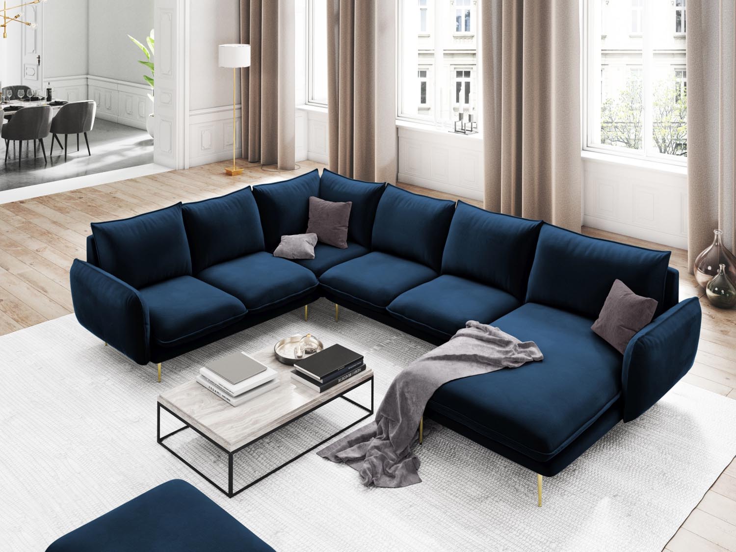 Entdecken Sie das elegante Vienna Velour Panoramic Ecksofa links – ein 7-Sitzer mit 235 cm Breite, ideal für stilvolle Wohnräume.