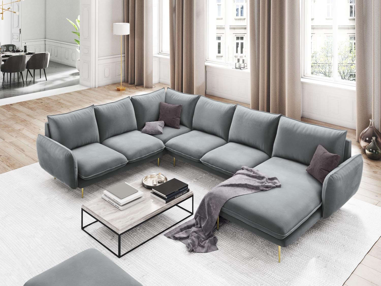 Entdecken Sie das elegante Vienna Velour Panoramic Ecksofa links – ein 7-Sitzer mit 235 cm Breite, ideal für stilvolle Wohnräume.