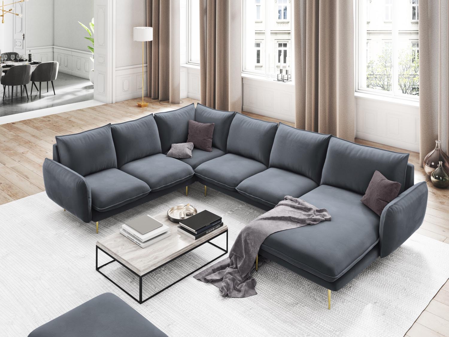 Entdecken Sie das elegante Vienna Velour Panoramic Ecksofa links – ein 7-Sitzer mit 235 cm Breite, ideal für stilvolle Wohnräume.