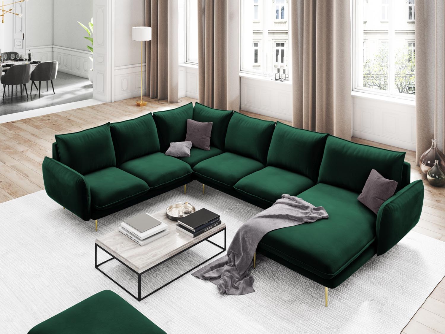 Entdecken Sie das elegante Vienna Velour Panoramic Ecksofa links – ein 7-Sitzer mit 235 cm Breite, ideal für stilvolle Wohnräume.