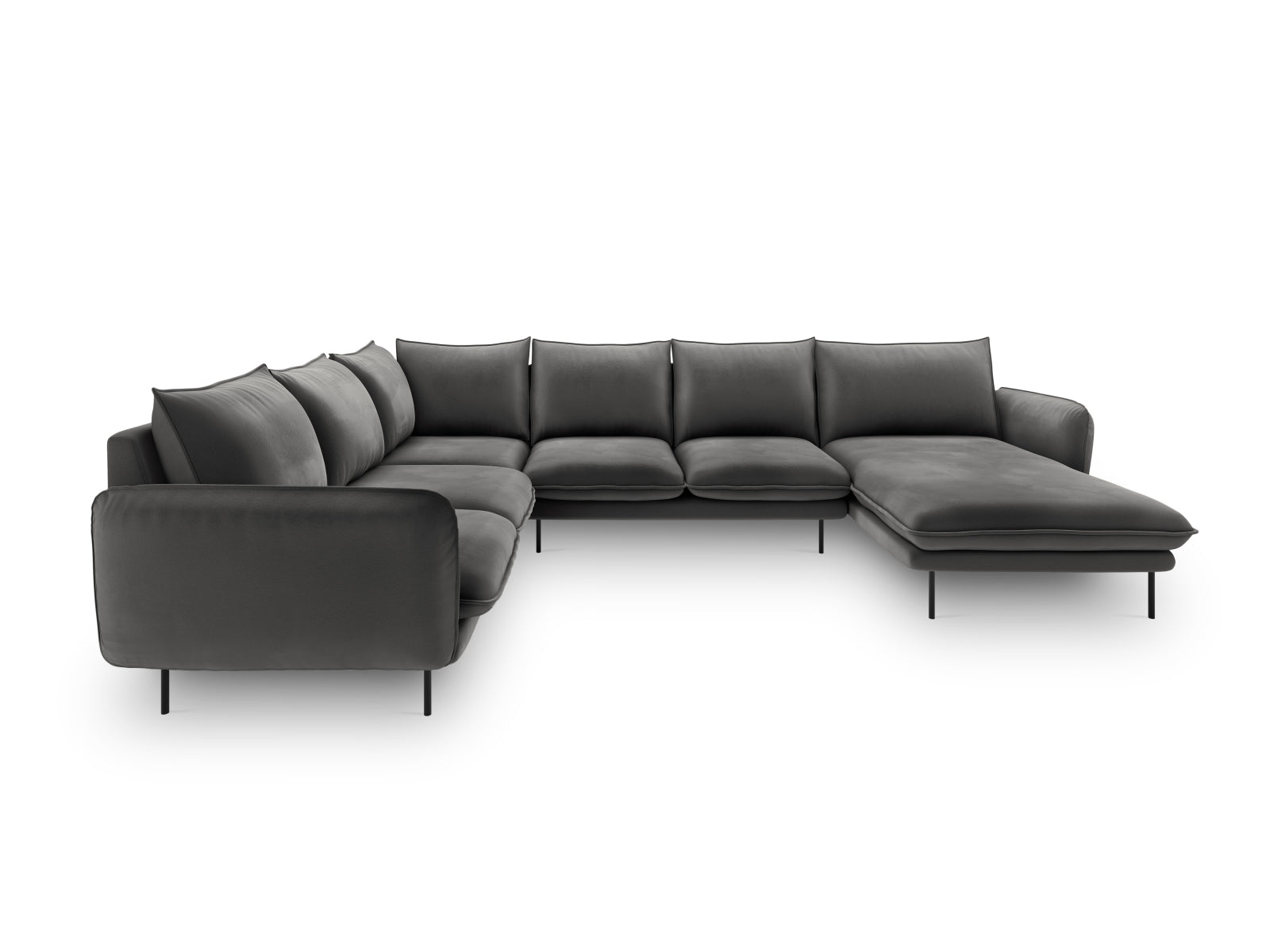 Erleben Sie das Vienna Velour Panoramic Ecksofa links – ein großzügiges 7-Sitzer Sofa mit 235 cm, das Komfort und Stil in Ihr Zuhause bringt.