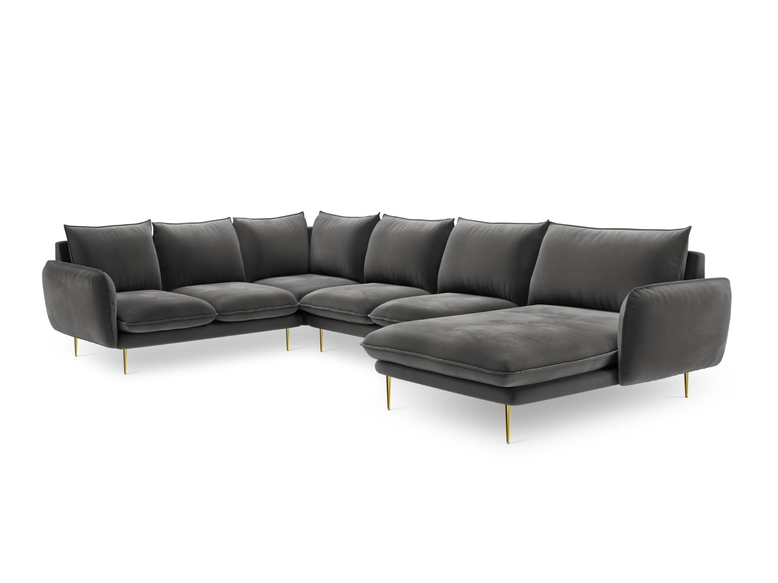 Entdecken Sie das elegante Vienna Velour Panoramic Ecksofa links – ein 7-Sitzer mit 235 cm, das Komfort und modernes Design vereint.