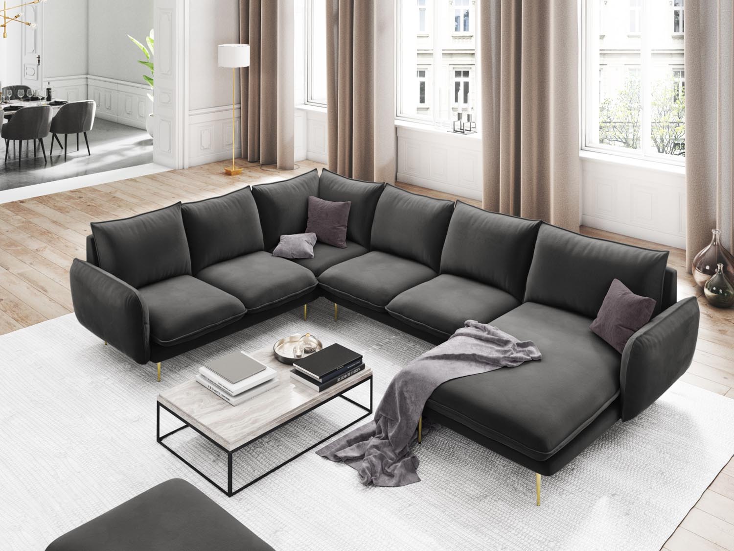 Entdecken Sie das elegante Vienna Velour Panoramic Ecksofa links – ein 7-Sitzer mit 235 cm Breite, ideal für stilvolle Wohnräume.