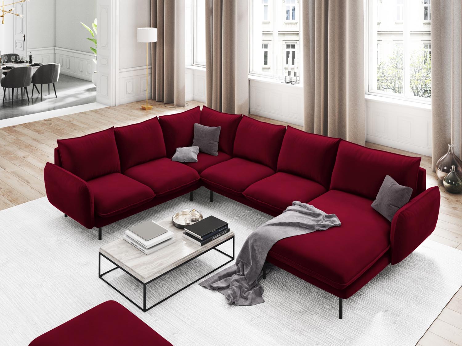 Entdecken Sie das elegante Vienna Velour Panoramic Ecksofa links – ein 7-Sitzer mit 235 cm Breite, ideal für stilvolle Wohnräume.