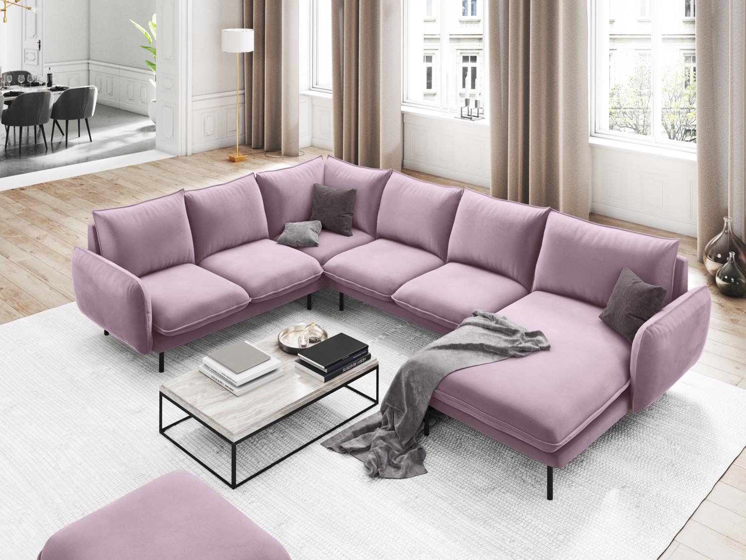 Entdecken Sie das elegante Vienna Velour Panoramic Ecksofa links – ein 7-Sitzer mit 235 cm Breite, ideal für stilvolle Wohnräume.