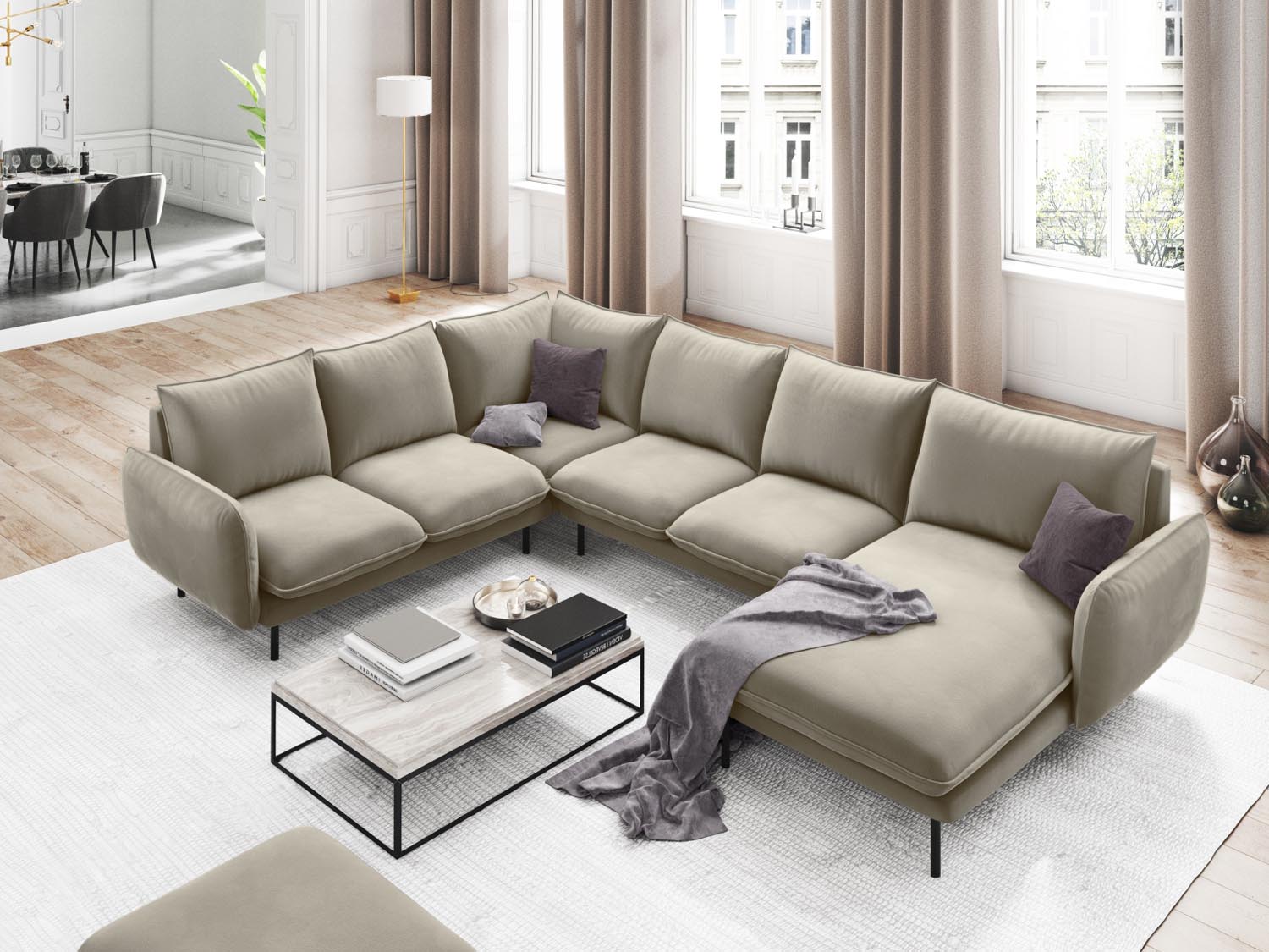 Entdecken Sie das elegante Vienna Velour Panoramic Ecksofa links – ein 7-Sitzer mit 235 cm Breite, ideal für stilvolle Wohnräume.